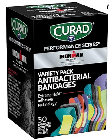 Curad Performance Series Ironman Antibacterial Bandages, Extreme Hold Adhesive Technology, Assorted Variety Pack Includes Standard, XL, Finger & Knuckle Fabric Bandages, 50 Count